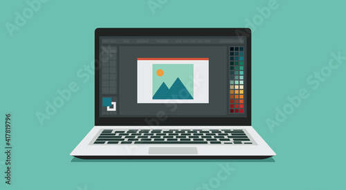 photo or graphic on laptop computer screen with design or image editing software or program of designer, vector flat illustration