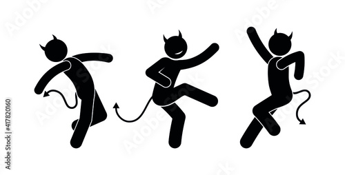 dancing devils illustration  stick figure dancers isolated icons  funny comic images of demons