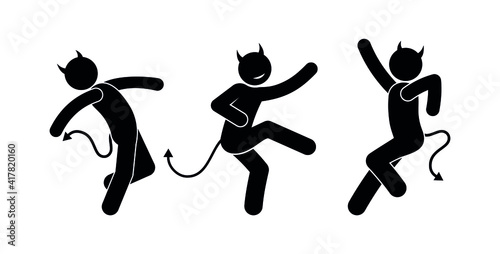 dancing devils illustration, stick figure dancers isolated icons, funny comic images of demons