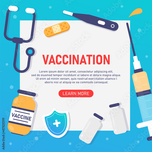 Vector vaccination concept. Covid-19. Coronovirus. Medical stuff. Vials, syringe, plaster, thermometer, stethoscope and medical shield to protect against the virus. Web banner for sites.