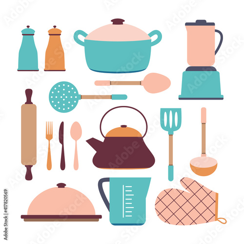 kitchen set isolated on white, vector illustration