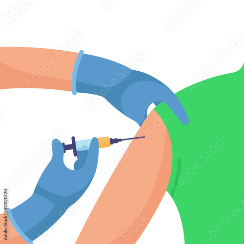 Time to vaccinate. The doctor injects the vaccine into the patient's shoulder. Illustration for medical publications. Preventive medicine, treatment. Syringe. Vaccination of the elderly.