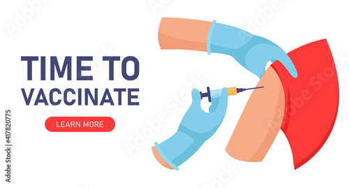 Time to vaccinate. Vector illustration. The doctor injects the vaccine into the patient's shoulder. Illustration for medical publications. Preventive medicine, treatment. Doctor's hand with a syringe.