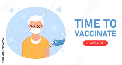 Time to vaccinate. Vaccination of the elderly. Fighting the virus. A doctor injects a vaccine from a syringe into an elderly man's hand. Illustration for medical publications. Web banner for sites.