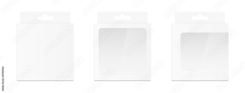 Set of white packaging boxes with hang tab. Three realistic blank empty boxes with transparent window. Mockup template design. Front view. Retail product package. Vector illustration Set of white packaging boxes with hang tab. Three realistic blank empty boxes with transparent window. Mockup template design. Front view. Retail product package. Vector illustration