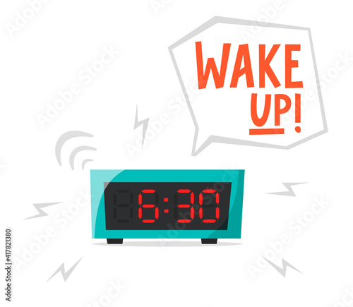 Ringing alarm clock, electronic clock, early morning concept, waking up early, flat vector illustration