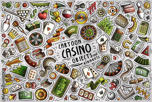 Doodle cartoon set of Casino objects and symbols