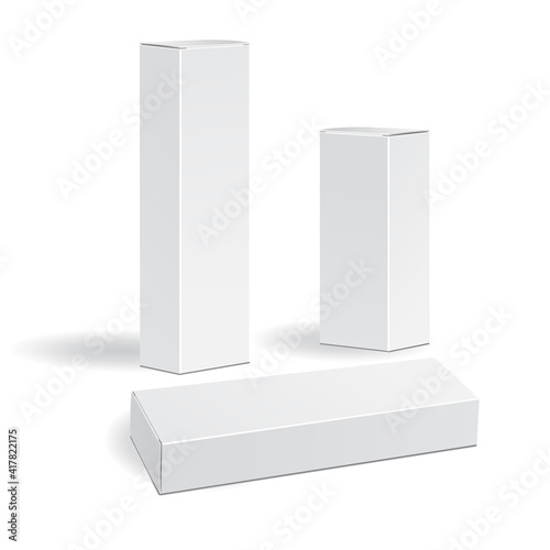 White standing and lying tall cardboard packaging box mockup for medical and cosmetic products. Vector illustration  isolated on white background