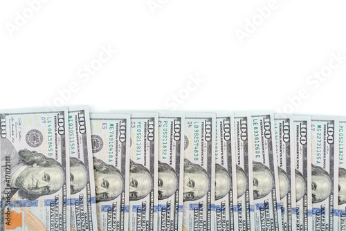 Top view of one hundred dollar banknotes isolated on a white background. USD currency concept. American Dollars Cash Money