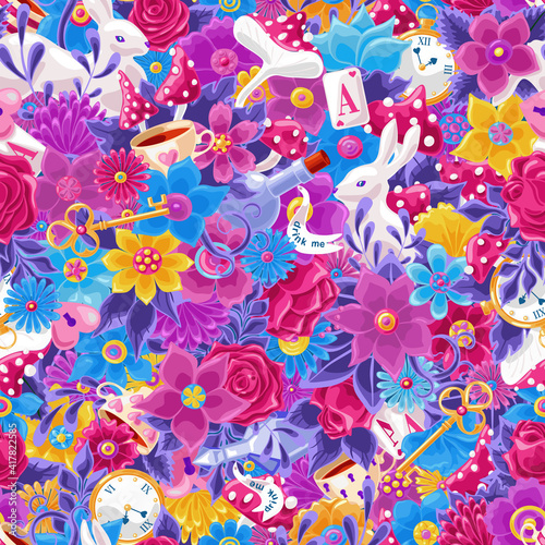 Wonderland seamless pattern. Bright colored cartoon doodles hand drawn detailed, with lots of objects background. Flowers, white rabbit, cards, mushroom. Texture for fabric, wallpaper,decorative print