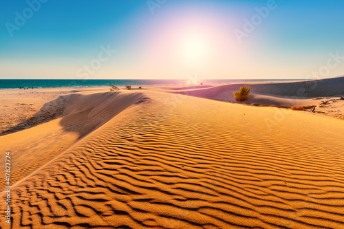 Scenic panorama with golden sand dunes lit by the rays of the setting sun and the blue mountains on the horizon. Travel destinations in Patara and Turkey