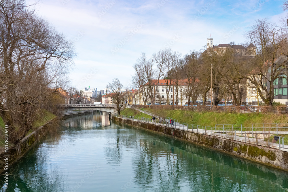 Ljubljana city centre at autumn in Slovenia with river Ljubljanica.