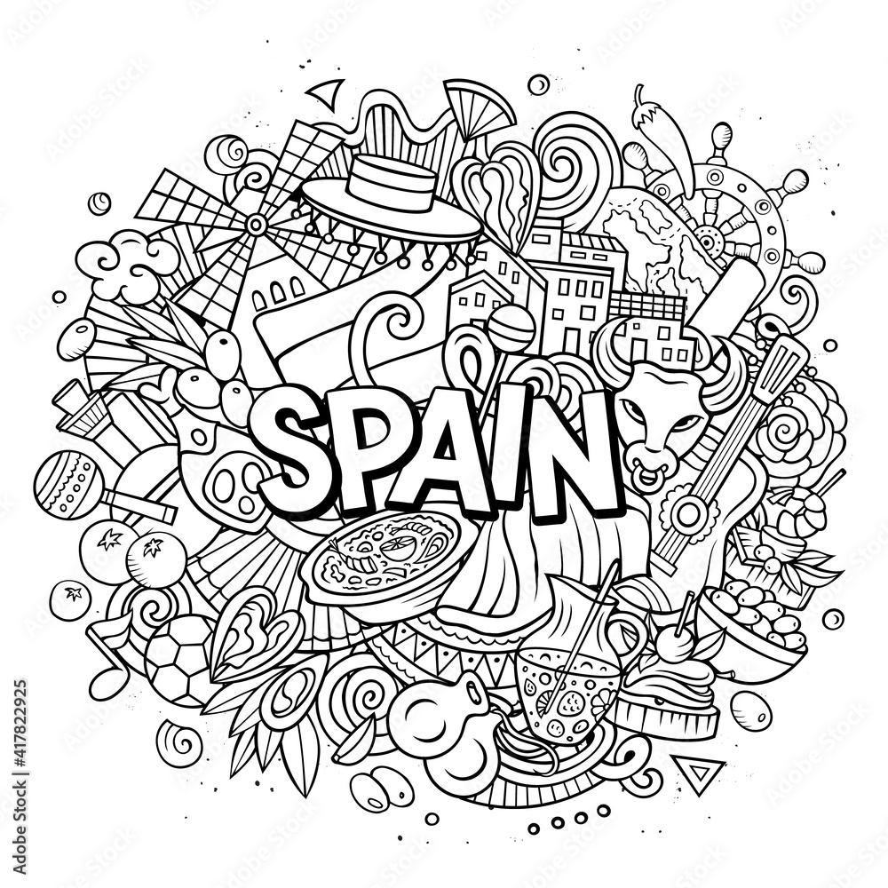 Spain hand drawn cartoon doodle illustration. Funny Spanish design