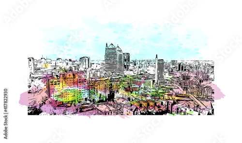 Building view with landmark of Dnipro is a city on the Dnieper River in central Ukraine. Watercolour splash with hand drawn sketch illustration in vector.