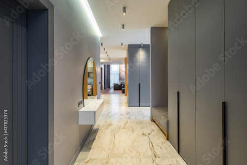 Modern interior of luxury private house. Grey tones. Entrance hall.