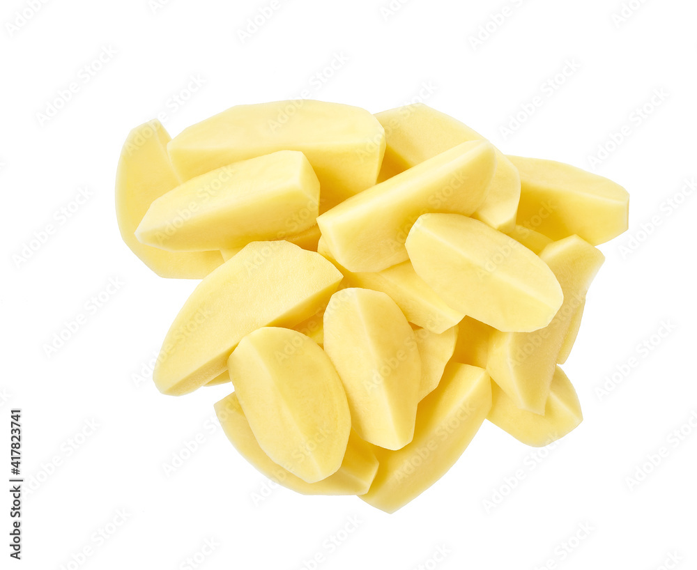 slices of raw potatoes isolated on white background top view. slices of raw potatoes isolated on white background top view.