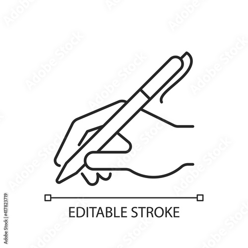 Hand writing with pen linear icon. Ability to write correctly. Beautiful handwriting. Signature. Thin line customizable illustration. Contour symbol. Vector isolated outline drawing. Editable stroke