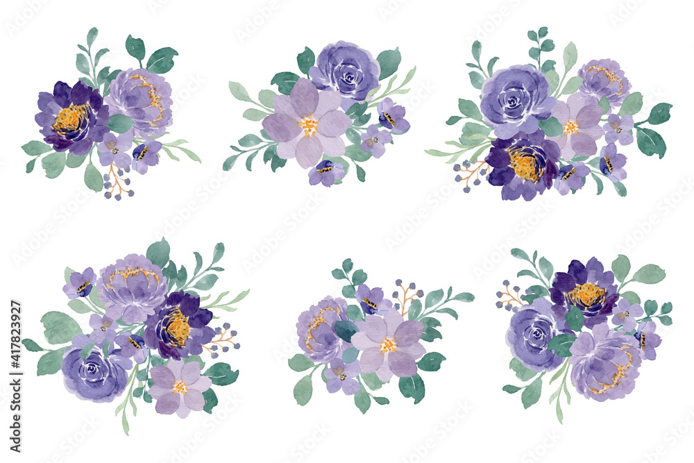 Purple floral bouquet collection with watercolor