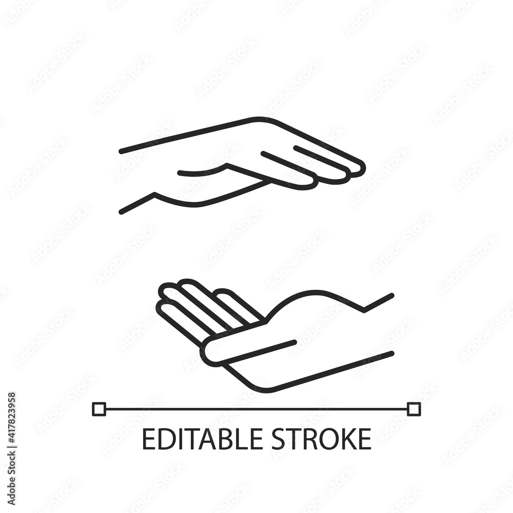 Two hands holding something linear icon. Free space for the premises of the object. Maternal care. Thin line customizable illustration. Contour symbol. Vector isolated outline drawing. Editable stroke Two hands holding something linear icon. Free space for the premises of the object. Maternal care. Thin line customizable illustration. Contour symbol. Vector isolated outline drawing. Editable stroke