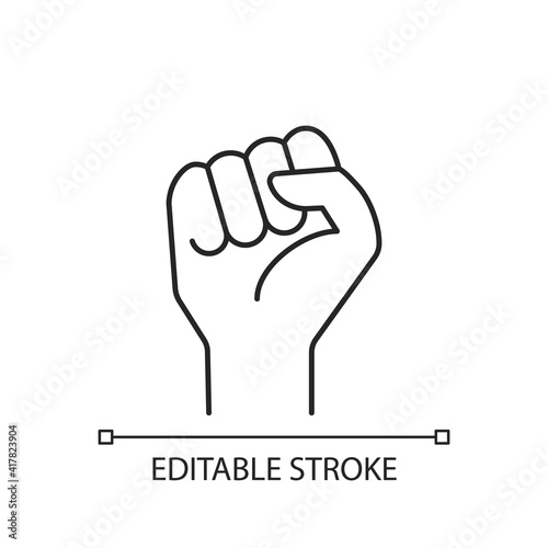 Clenched fist linear icon. Demonstration of power. Boxing sign. Sign of fight for rights. Thin line customizable illustration. Contour symbol. Vector isolated outline drawing. Editable stroke