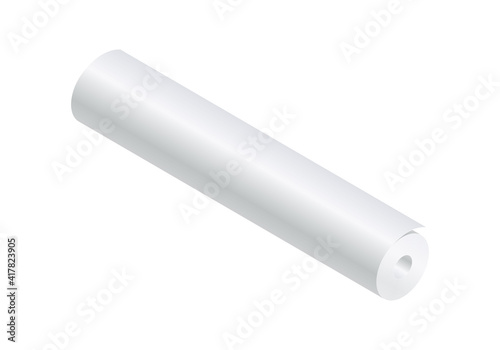 Isometric vector illustration blank paper roll mock up isolated on white background. Realistic paper roll or fabric roll icon in flat cartoon style. White textile or paper roll mockup template.