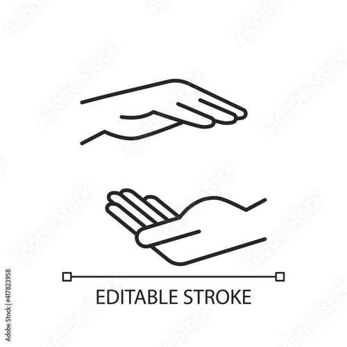 Two hands holding something linear icon. Free space for the premises of the object. Maternal care. Thin line customizable illustration. Contour symbol. Vector isolated outline drawing. Editable stroke