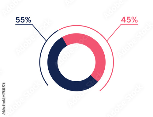 55 45 percent pie chart. 45 55 infographics. Circle diagram symbol for business, finance, web design, progress