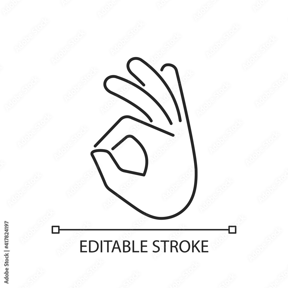 Okay gesture linear icon. Sign or ring gesture. Perfect . Circle made from index and thumb. Thin line customizable illustration. Contour symbol. Vector isolated outline drawing. Editable stroke Okay gesture linear icon. Sign or ring gesture. Perfect . Circle made from index and thumb. Thin line customizable illustration. Contour symbol. Vector isolated outline drawing. Editable stroke