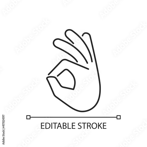 Okay gesture linear icon. Sign or ring gesture. Perfect . Circle made from index and thumb. Thin line customizable illustration. Contour symbol. Vector isolated outline drawing. Editable stroke