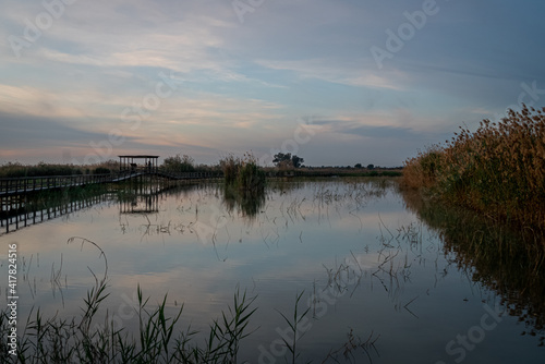 Spain. Sunrise in the El Hondo de Elche natural park. Alicante