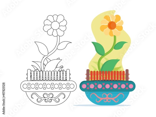 Flower in a colorful pot. Vector illustration in flat style