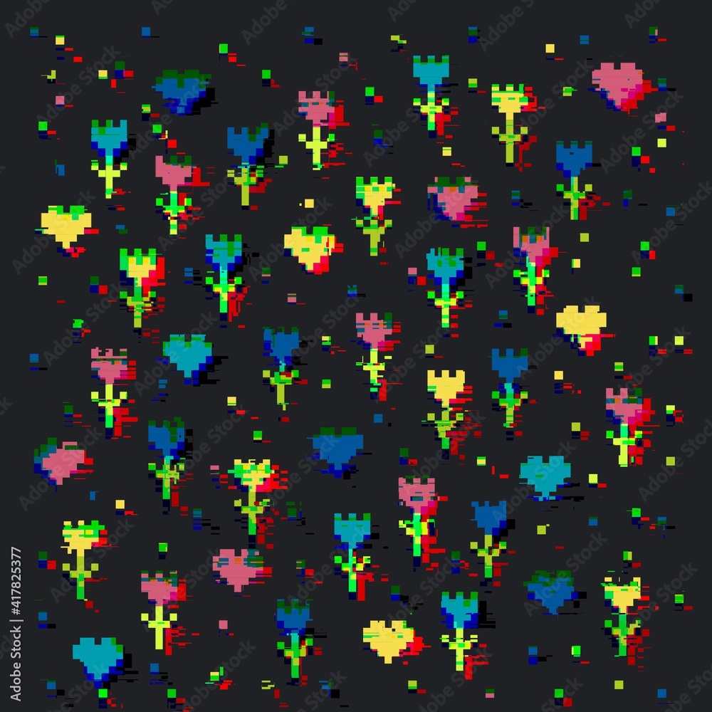 Pixel flower pattern, glitch effect, pixel art
