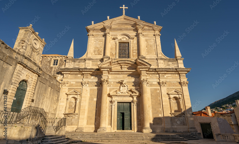 Facade of St. Ignatius church by Jesuit Stairs in Old town Dubrovnik in Croatia morning sunrise