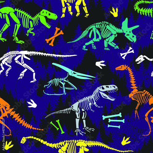 dinosaur skeleton seamless grunge pattern. Original design with t-rex, dinosaur. print for T-shirts, textiles, wrapping paper, web.
