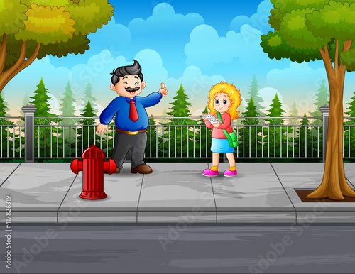 Cartoon a teacher man and student on the road