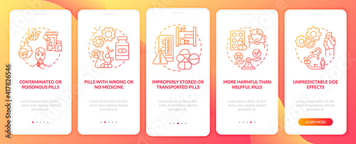 Unregistered pharmacies threats onboarding mobile app page screen with concepts. Contaminated, poisonous pills walkthrough 5 steps graphic instructions. UI vector template with RGB color illustrations