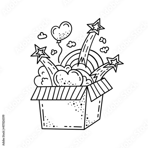 Doodle illustration of a magic box with hearts, clouds and rainbows. Cartoon illustration.