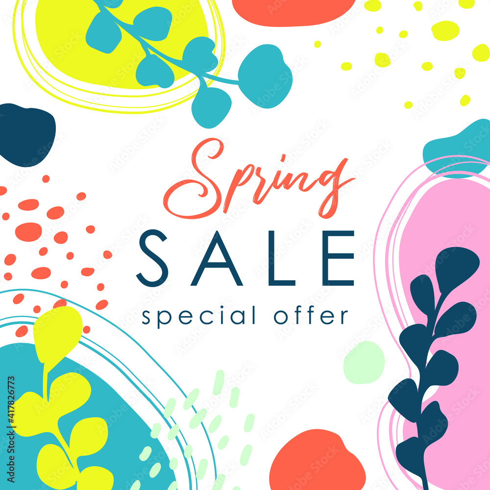 Spring. Trendy flowers abstract art template. Suitable for social media posts, mobile apps, banners design. Vector fashion backgrounds. Leaves and plants. Spring holidays. Sale banner