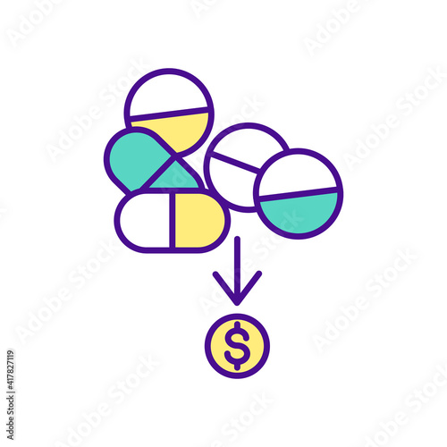 Multicolored pills with dollar RGB color icon. Online pharmacy. Getting remedy from home. Contaminated or poisonous pills. Buying medicine online. Health care financing. Isolated vector illustration