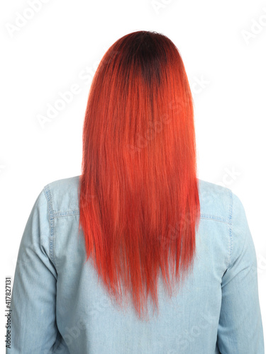 Woman with bright dyed hair on white background, back view