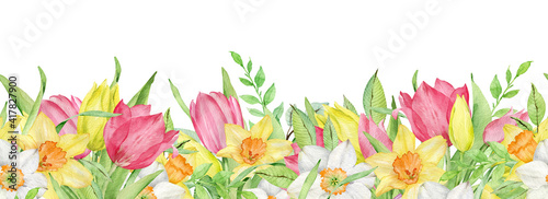 Watercolor seamless border of pink and yellow tulips and daffodils. Easter floral border.