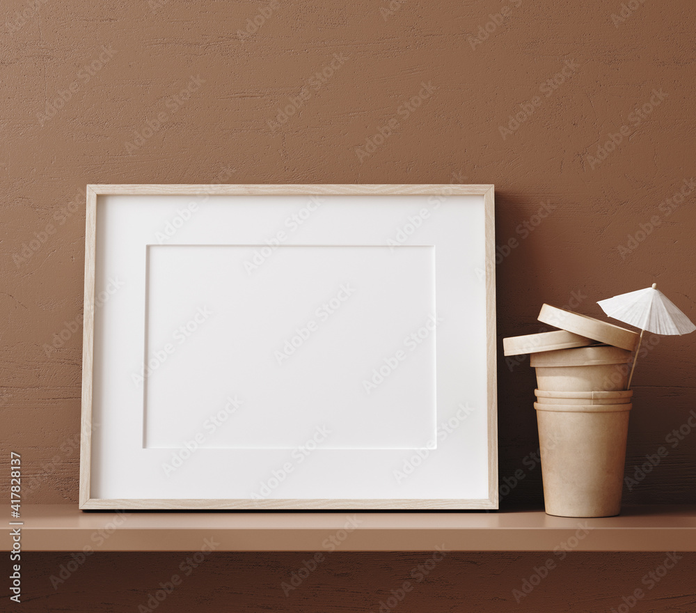 Mock up frame close up on shelf near brown wall, 3d render - obrazy, fototapety, plakaty 
