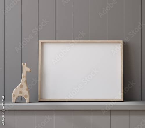 Mockup poster frame close up on shelf with toy, 3d render