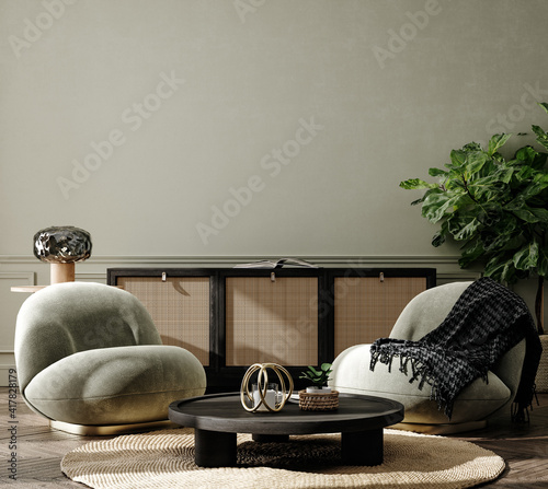 Home interior background, cozy room with natural wooden furniture, Scandi-Boho style, 3d render