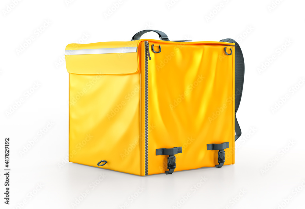 Yellow food delivery bag render. Blank insulated courier thermo bag backpack  mockup, copy space for branding. Online food ordering, safe contactless food  delivery service in quarantine 3D illustration Stock Illustration | Adobe