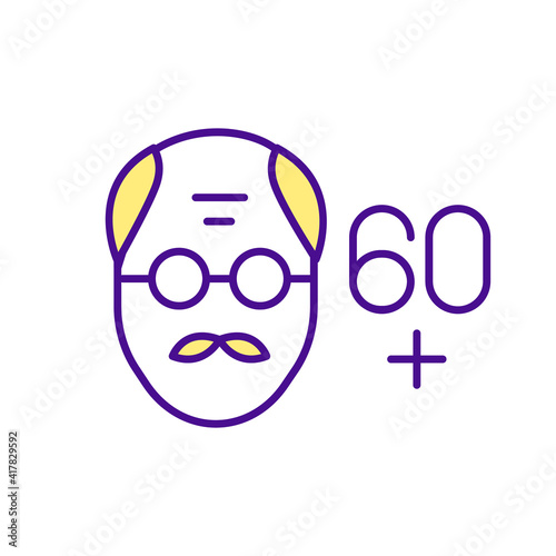 Man's face in adulthood RGB color icon. Age groups of population. Getting medicines. Portrait of a bald man with glasses. Vaccinating people over 60. Online pharmacy. Isolated vector illustration