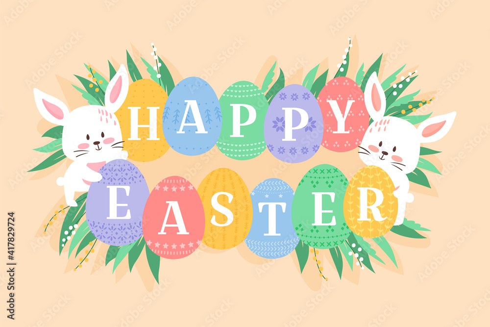 Fototapeta premium Easter background vector illustration, cute flat cartoon. Baby rabbits with decorated eggs. Bunny holding ornated eggs with Happy Easter heading. White kitten muzzles and eggs among grass