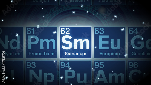 Close up of the Samarium symbol in the periodic table, tech space environment.