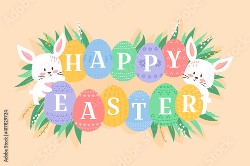 Easter background vector illustration, cute flat cartoon. Baby rabbits with decorated eggs. Bunny holding ornated eggs with Happy Easter heading. White kitten muzzles and eggs among grass