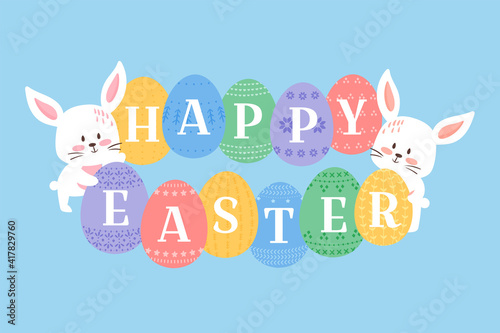 Easter background vector illustration, cute flat cartoon style. Baby rabbits with decorated eggs. Bunny holding ornated eggs with Happy Easter heading. White kitten muzzles and eggs.